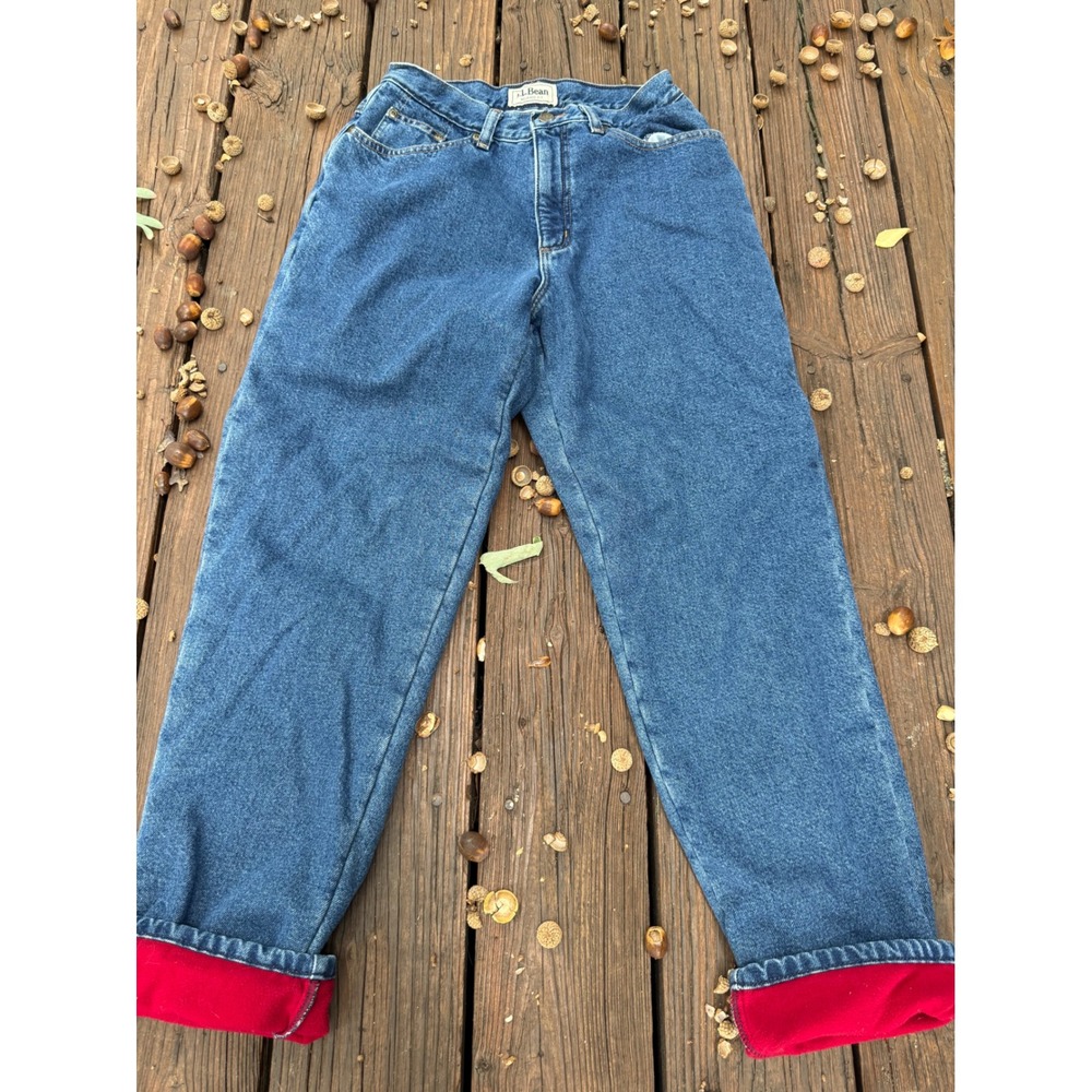 LL Bean Vintage Mom Jeans Flannel Lined Relaxed Fit Blue Denim Red Lining 8 Reg